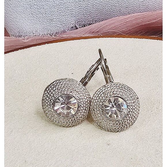 Vintage Silver-Tone Lever Back Rope  Earrings With Clear Crystal Center - Picture 1 of 6